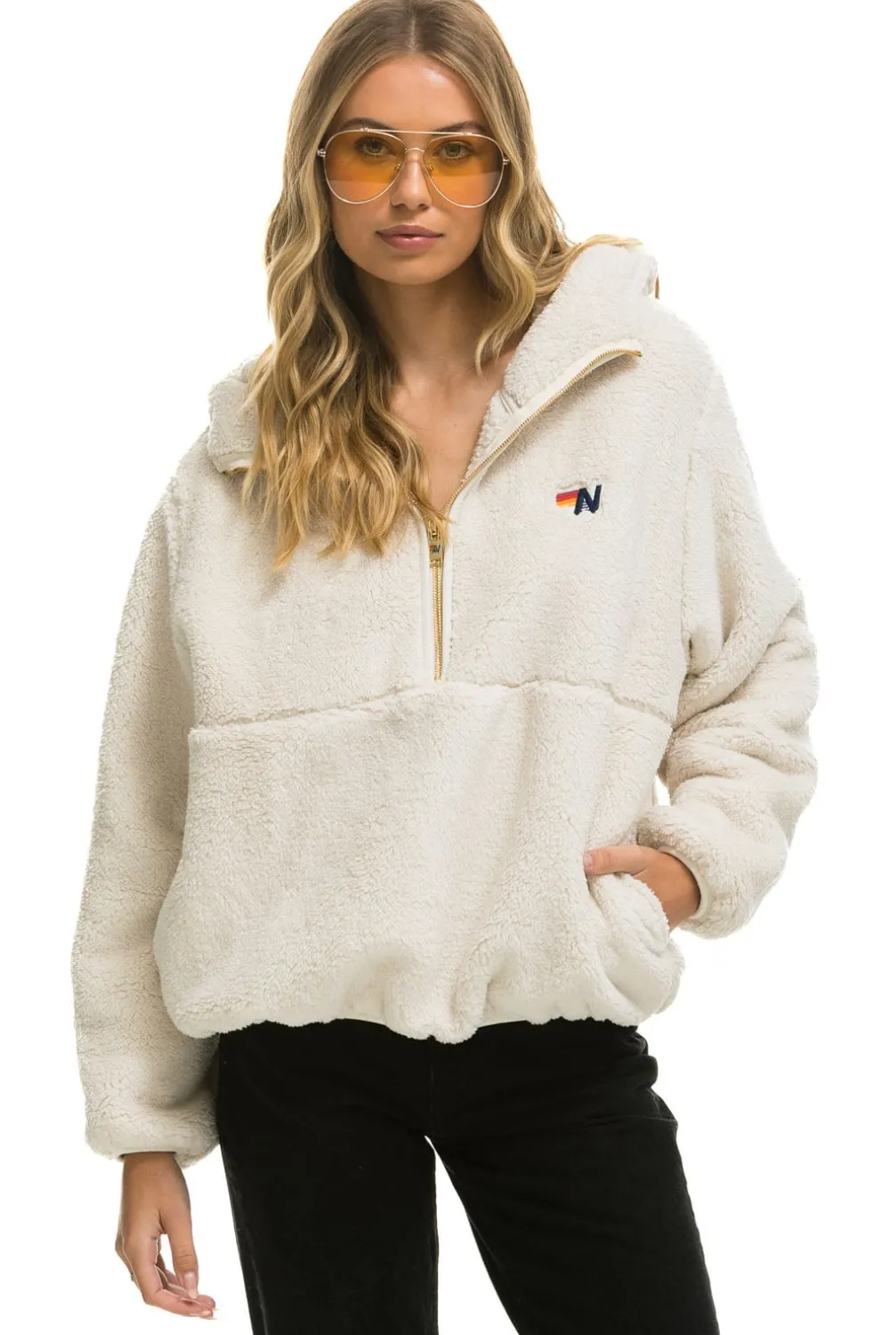 Teddy Jackets | Teddy Jackets | Aviator Nation TEDDY APRES HOODED HALF ZIP JACKET - VINTAGE WHITE VINTAGEWHITE