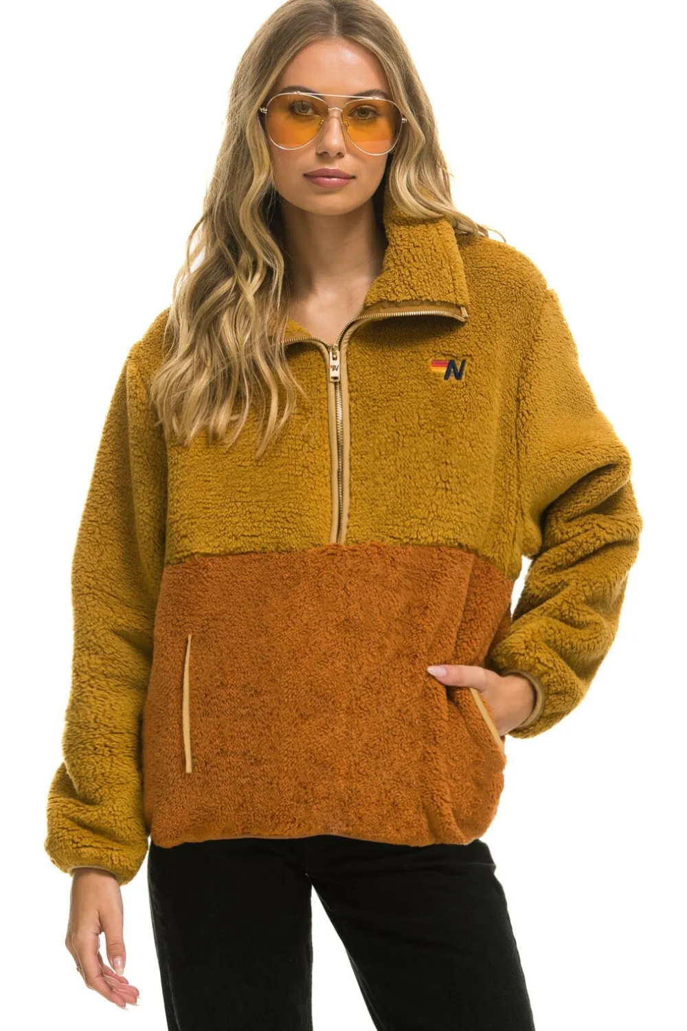 Teddy Jackets | Teddy Jackets | Aviator Nation TEDDY UNISEX HALF ZIP COLOR BLOCK JACKET - HONEY