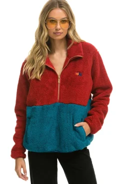 Teddy Jackets | Teddy Jackets | Aviator Nation TEDDY UNISEX HALF ZIP COLOR BLOCK JACKET - CHERRY