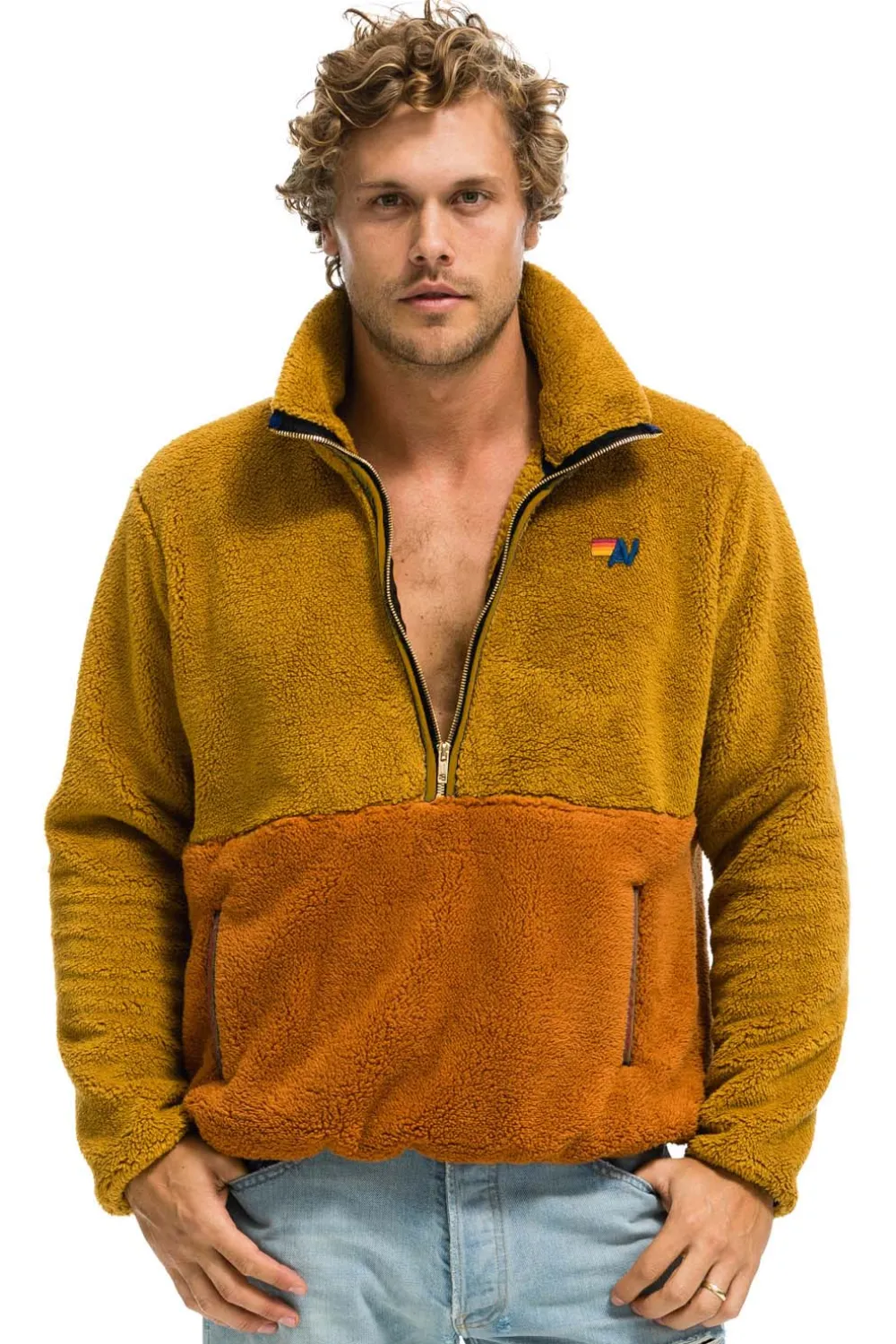 Teddy Jackets | Teddy Jackets | Aviator Nation TEDDY UNISEX HALF ZIP COLOR BLOCK JACKET - HONEY