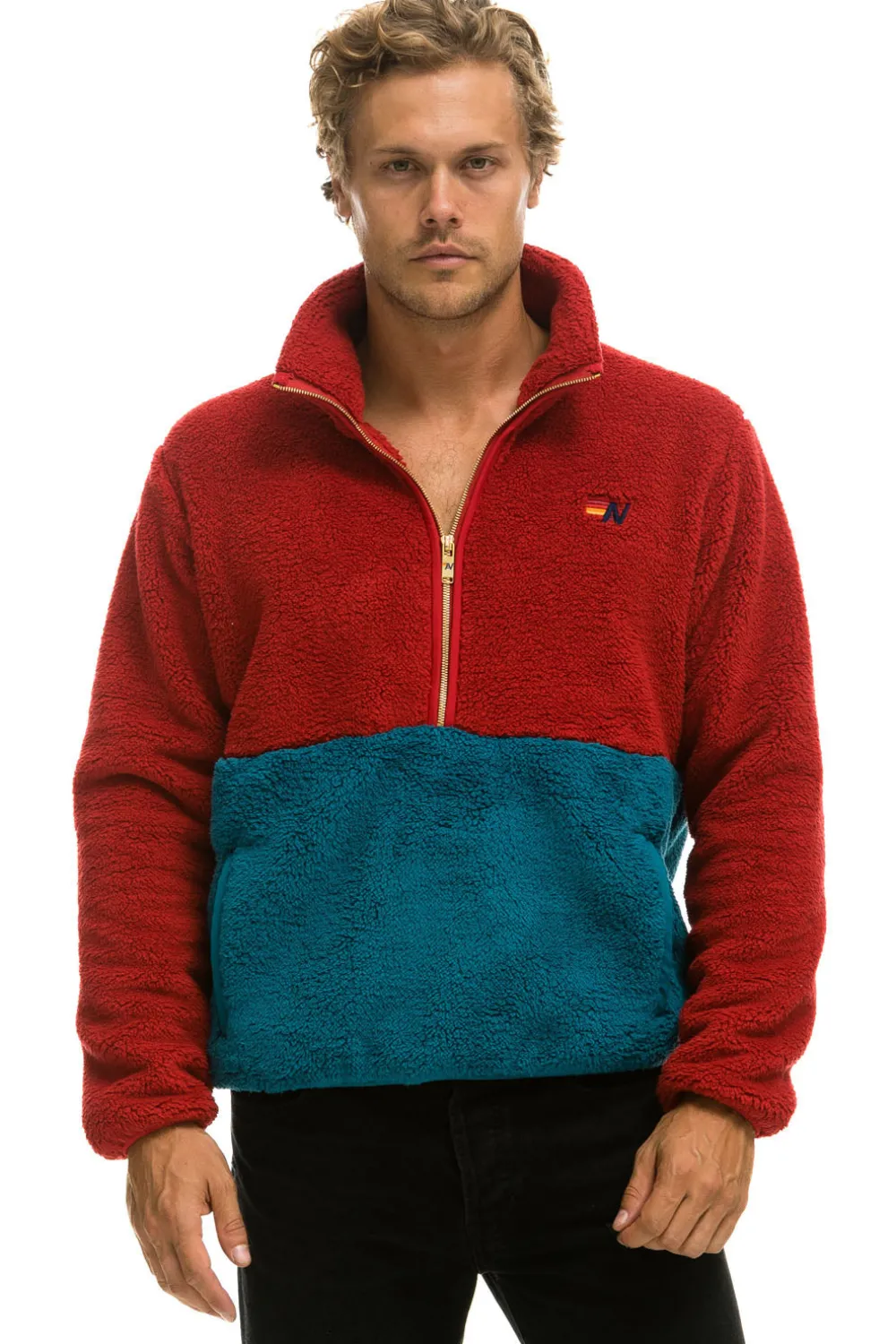 Teddy Jackets | Teddy Jackets | Aviator Nation TEDDY UNISEX HALF ZIP COLOR BLOCK JACKET - CHERRY
