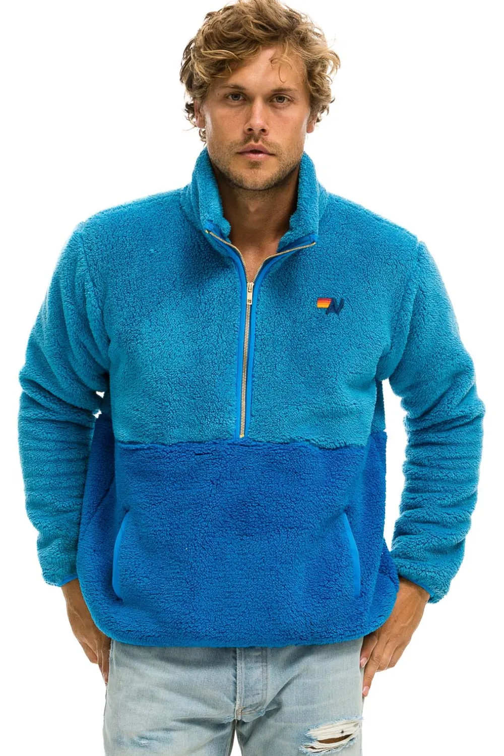 Teddy Jackets | Teddy Jackets | Aviator Nation TEDDY UNISEX HALF ZIP COLOR BLOCK JACKET - OCEAN