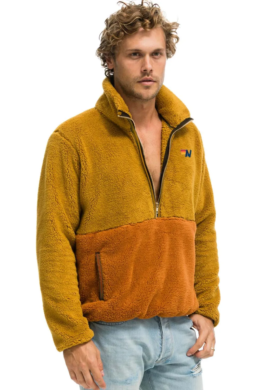 Teddy Jackets | Teddy Jackets | Aviator Nation TEDDY UNISEX HALF ZIP COLOR BLOCK JACKET - HONEY