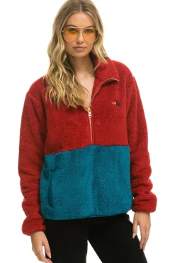 Teddy Jackets | Teddy Jackets | Aviator Nation TEDDY UNISEX HALF ZIP COLOR BLOCK JACKET - CHERRY