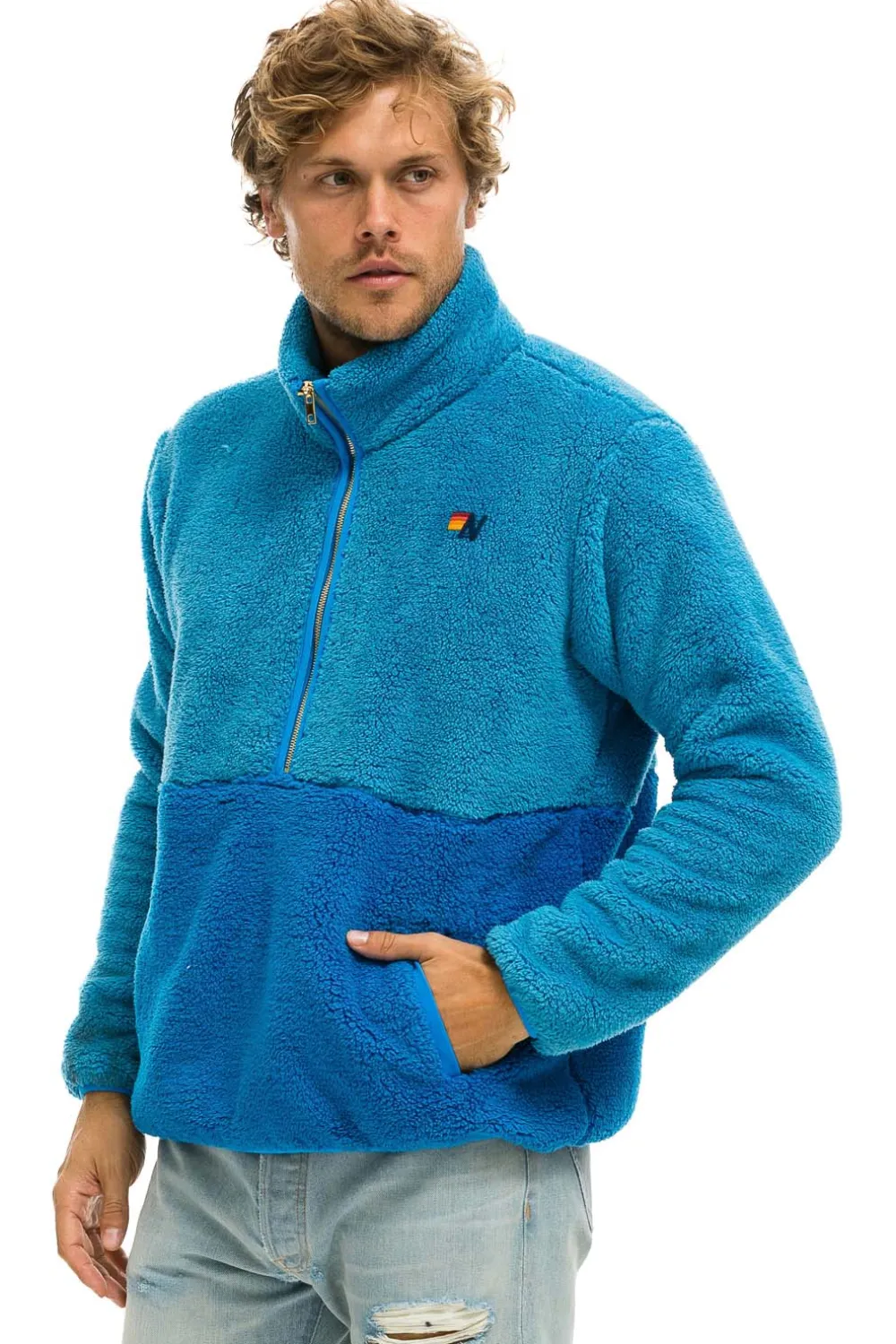 Teddy Jackets | Teddy Jackets | Aviator Nation TEDDY UNISEX HALF ZIP COLOR BLOCK JACKET - OCEAN