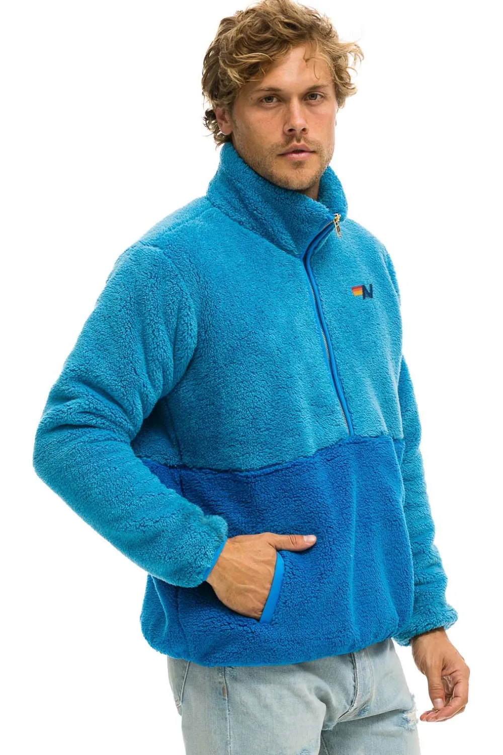 Teddy Jackets | Teddy Jackets | Aviator Nation TEDDY UNISEX HALF ZIP COLOR BLOCK JACKET - OCEAN