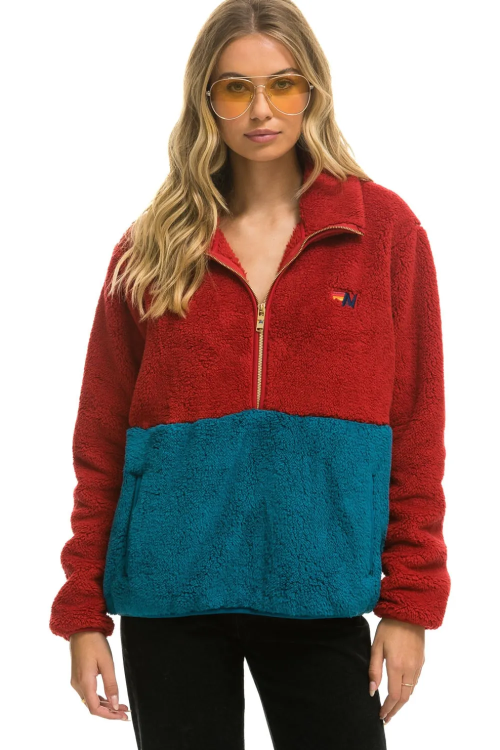 Teddy Jackets | Teddy Jackets | Aviator Nation TEDDY UNISEX HALF ZIP COLOR BLOCK JACKET - CHERRY