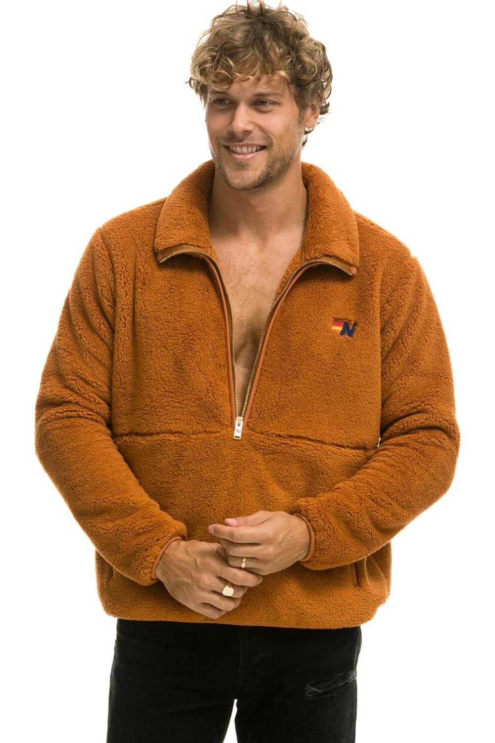 Teddy Jackets | Teddy Jackets | Aviator Nation TEDDY UNISEX HALF ZIP JACKET - WHISKEY
