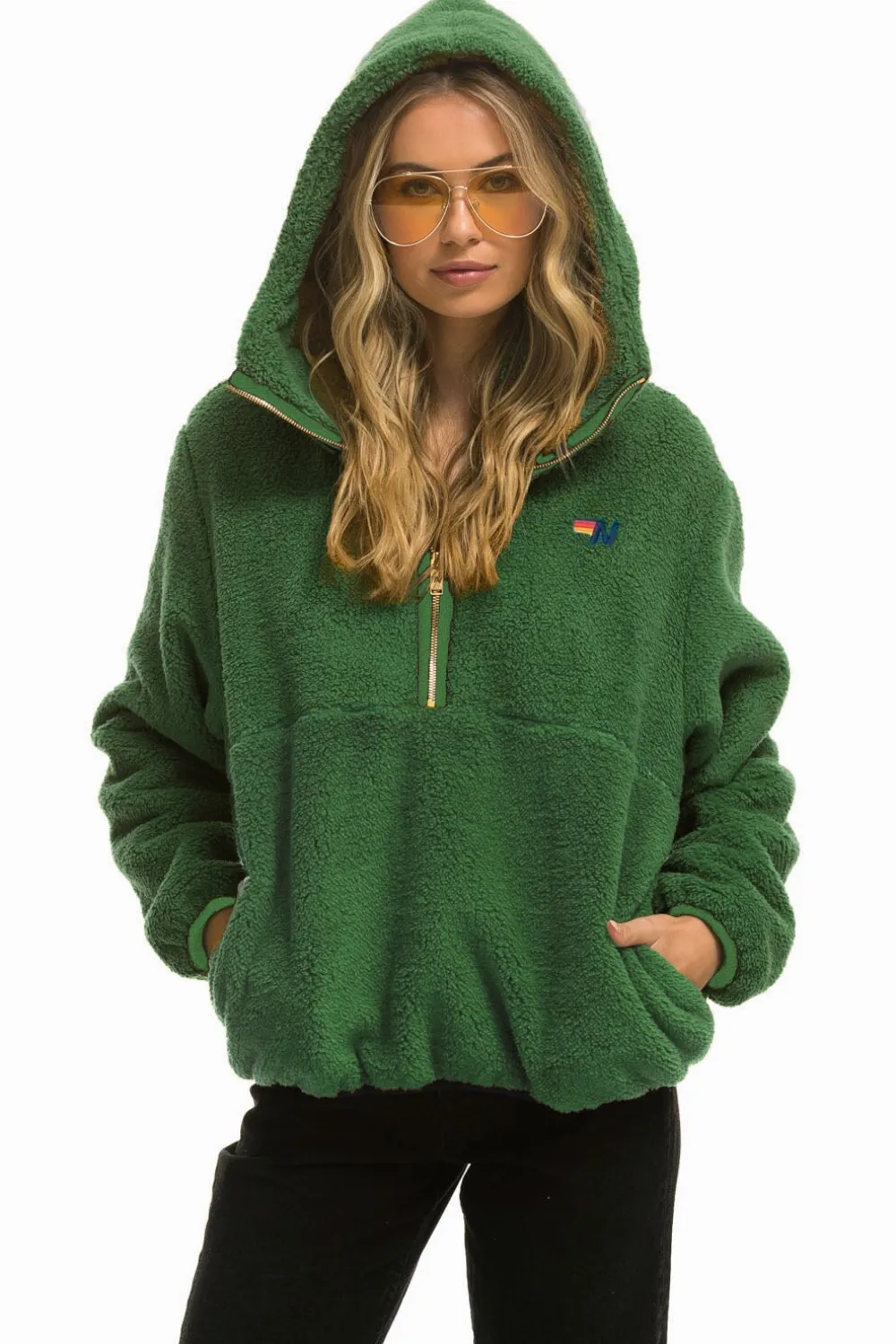 Teddy Jackets | Teddy Jackets | Aviator Nation TEDDY UNISEX HOODED HALF ZIP JACKET - GARDEN GREEN GARDENGREEN