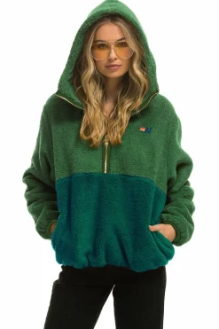 Teddy Jackets | Teddy Jackets | Aviator Nation TEDDY UNISEX HOODED HALF ZIP COLOR BLOCK JACKET - GARDEN GREEN GARDENGREEN