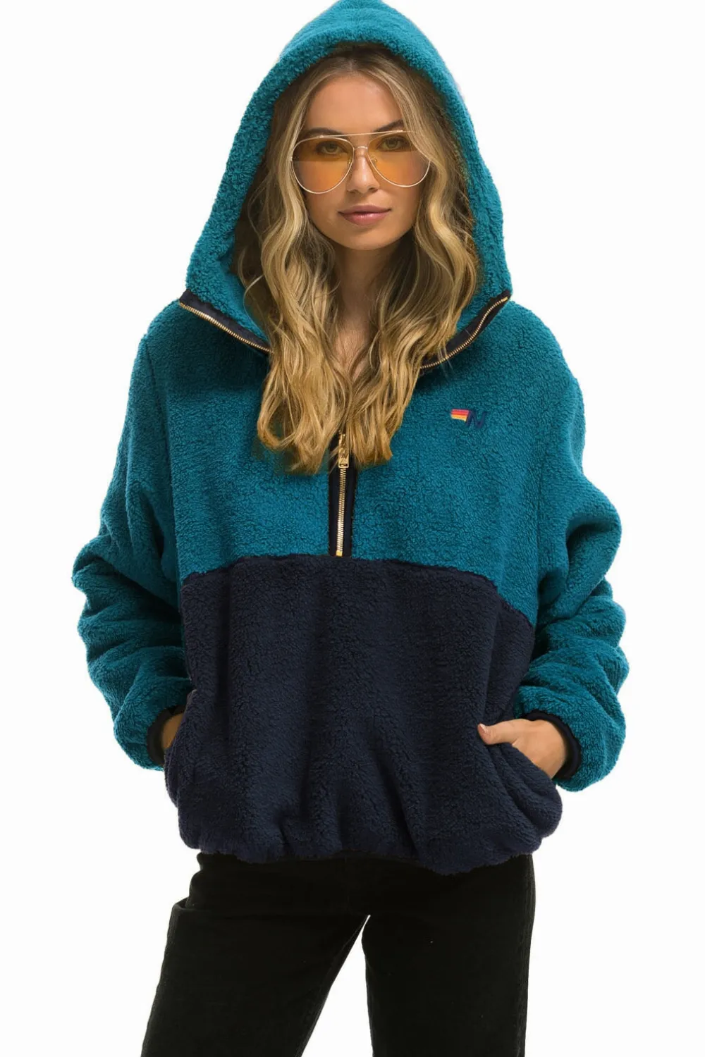 Teddy Jackets | Teddy Jackets | Aviator Nation TEDDY UNISEX HOODED HALF ZIP COLOR BLOCK JACKET - CAPRI