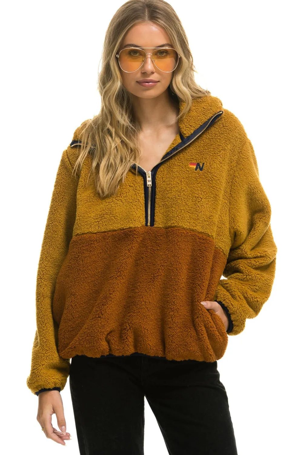 Teddy Jackets | Teddy Jackets | Aviator Nation TEDDY UNISEX HOODED HALF ZIP COLOR BLOCK JACKET - HONEY