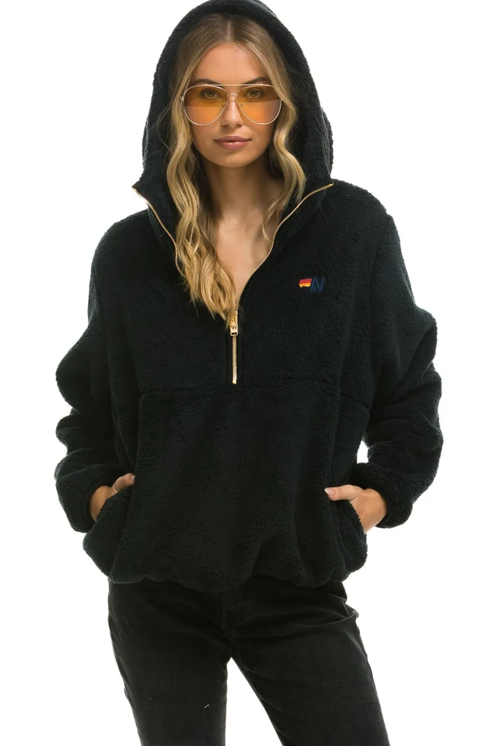 Teddy Jackets | Teddy Jackets | Aviator Nation TEDDY UNISEX HOODED HALF ZIP JACKET - BLACK