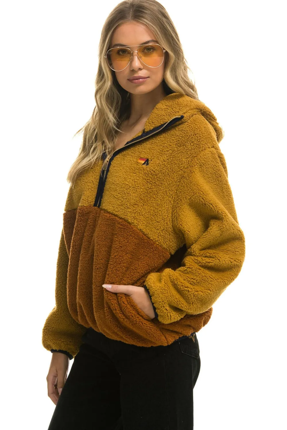 Teddy Jackets | Teddy Jackets | Aviator Nation TEDDY UNISEX HOODED HALF ZIP COLOR BLOCK JACKET - HONEY