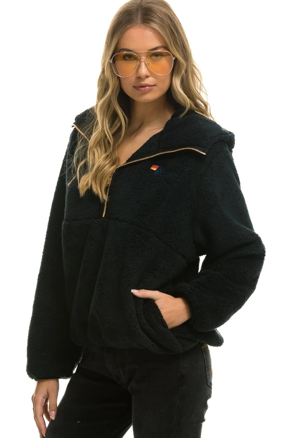 Teddy Jackets | Teddy Jackets | Aviator Nation TEDDY UNISEX HOODED HALF ZIP JACKET - BLACK