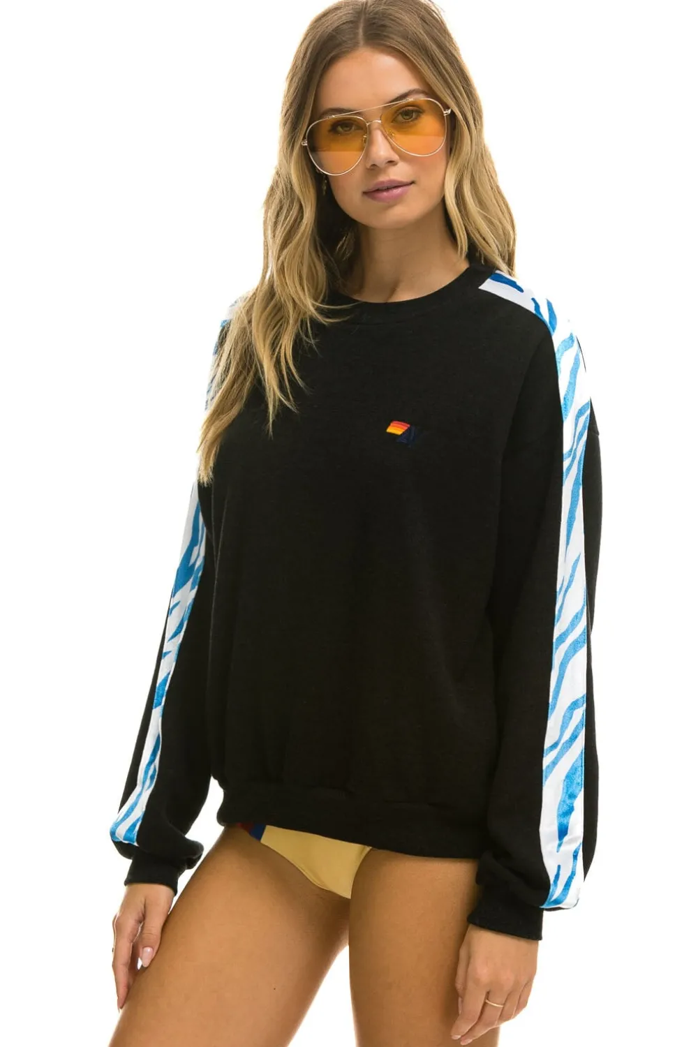 Sweatshirts | Sweatshirts | Aviator Nation TIGER STRIPE RELAXED FIT CREW SWEATSHIRT - BLACK // BLUE TIGER BLACK//BLUETIGER