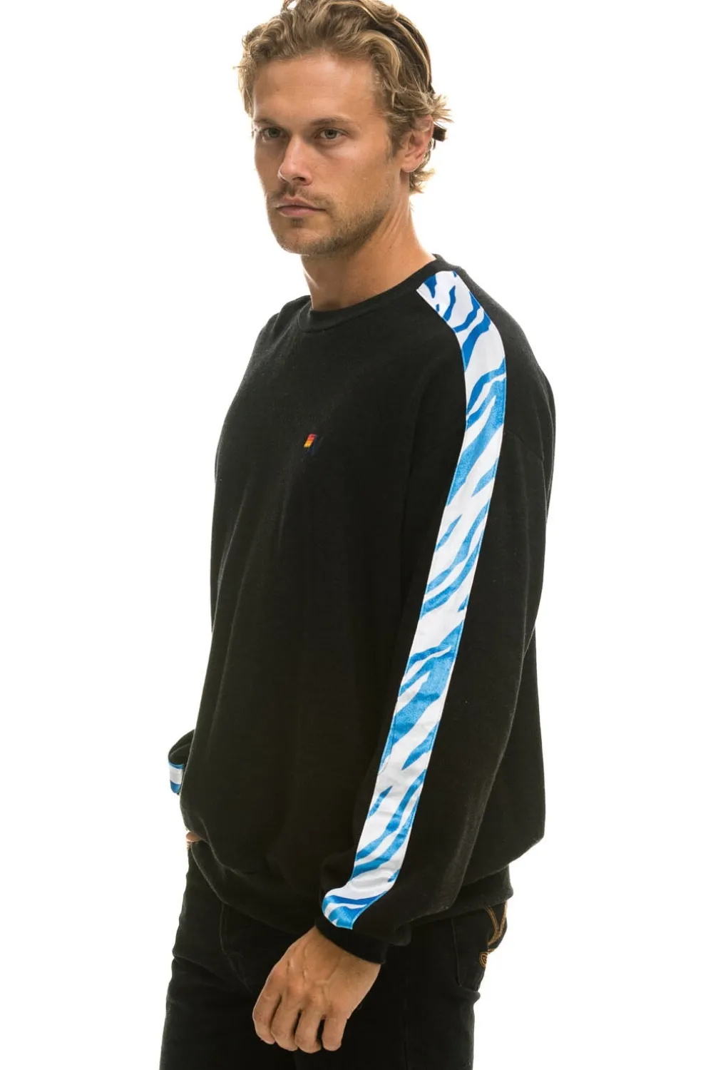 Sweatshirts | Sweatshirts | Aviator Nation TIGER STRIPE RELAXED FIT CREW SWEATSHIRT - BLACK // BLUE TIGER BLACK//BLUETIGER