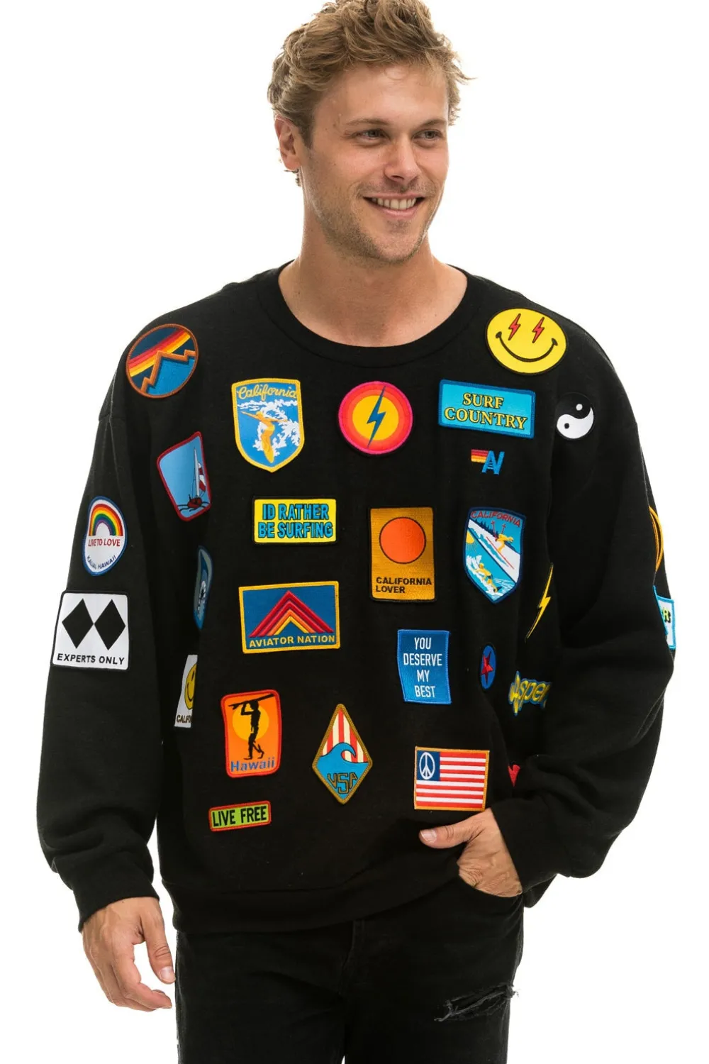 Sweatshirts | Sweatshirts | Aviator Nation VINTAGE PATCH RELAXED CREW SWEATSHIRT - BLACK