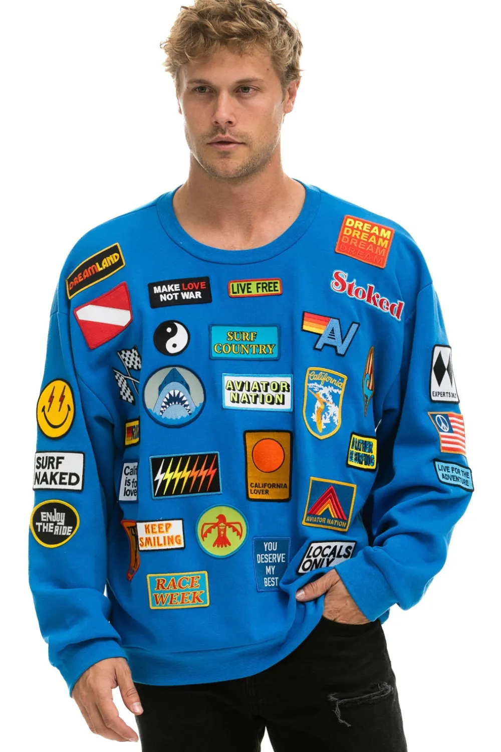 Sweatshirts | Sweatshirts | Aviator Nation VINTAGE PATCH RELAXED CREW SWEATSHIRT - OCEAN