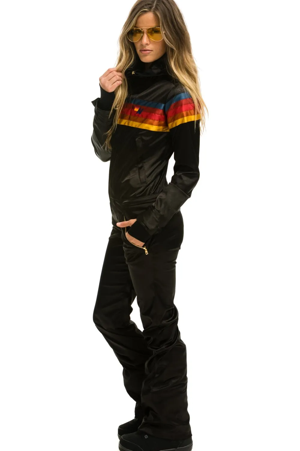 Powder Suits | Aviator Nation WOMEN'S 5 STRIPE SATIN POWDER SUIT - BLACK