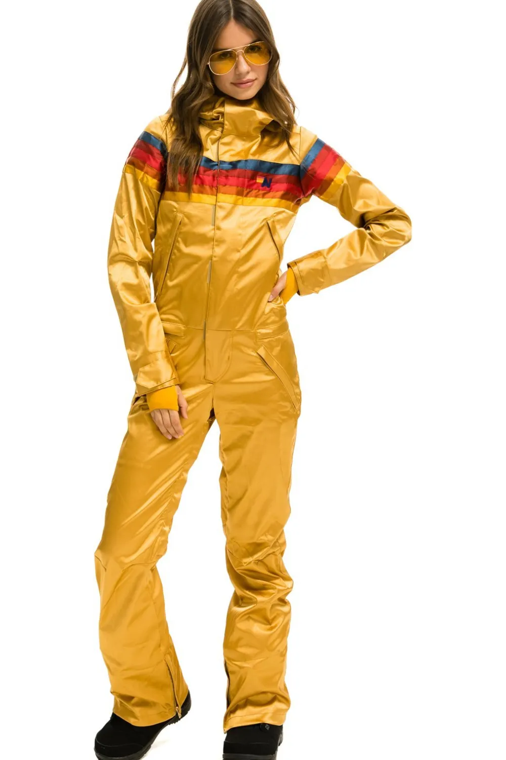 Powder Suits | Aviator Nation WOMEN'S 5 STRIPE SATIN POWDER SUIT - CHAMPAGNE