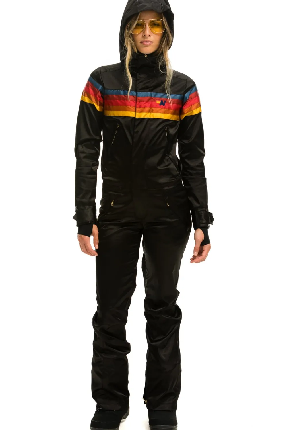 Powder Suits | Aviator Nation WOMEN'S 5 STRIPE SATIN POWDER SUIT - BLACK