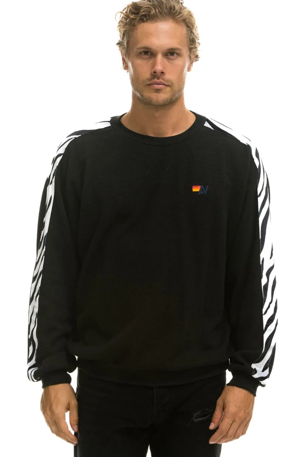 Sweatshirts | Sweatshirts | Aviator Nation ZEBRA STRIPE RELAXED FIT CREW SWEATSHIRT - BLACK // ZEBRA BLACK//ZEBRA